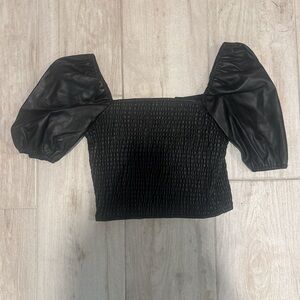 fab'rik Black Faux Leather Puff Sleeve Top